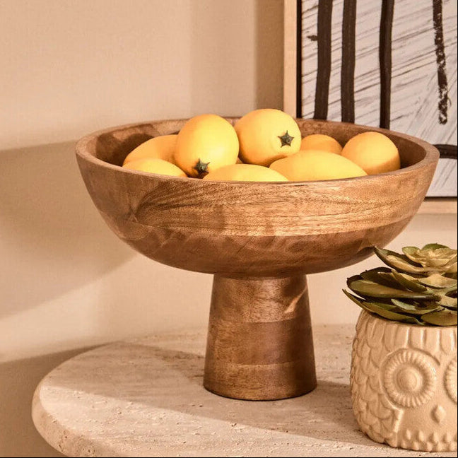 Mango Wood Serving or Fruit Bowl with Pedestal Base | Kara
