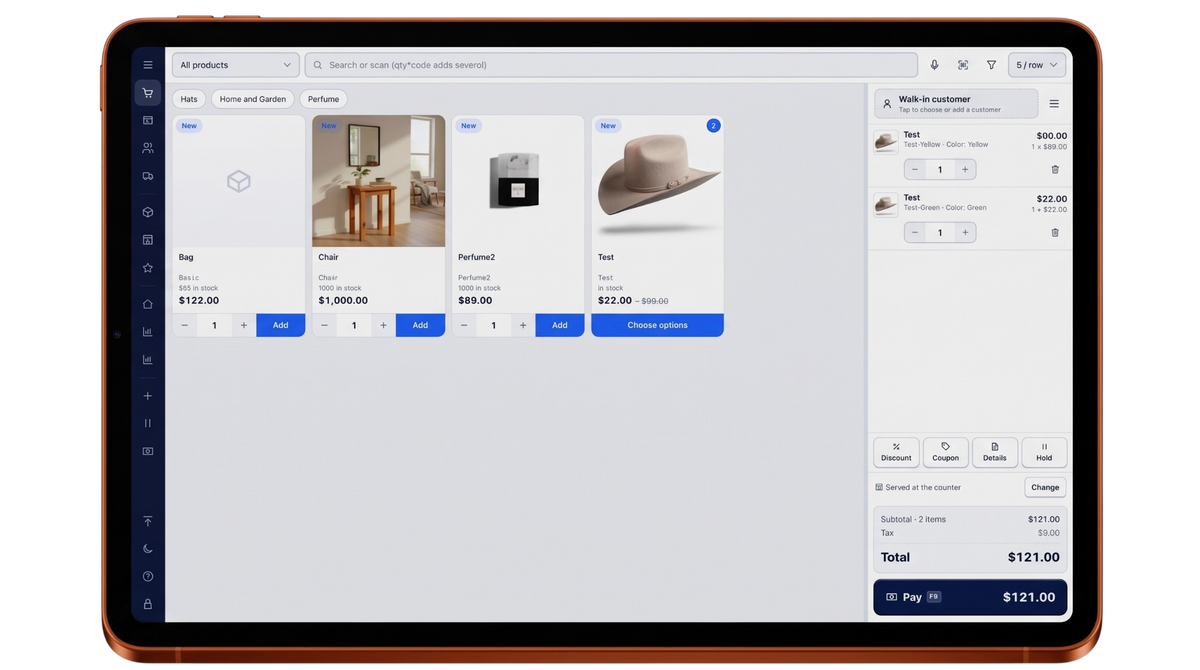 ACCUDY Magento 2 POS till on a tablet with a basket, a trade customer and a pay button